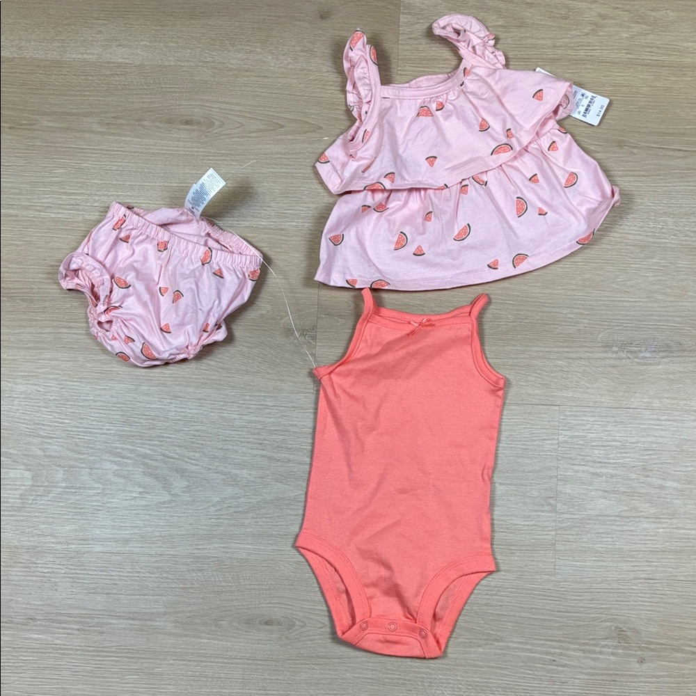 NWT Carter's Pink Coral Watermelon Print Baby 3 Piece Outfit Set 6 Months